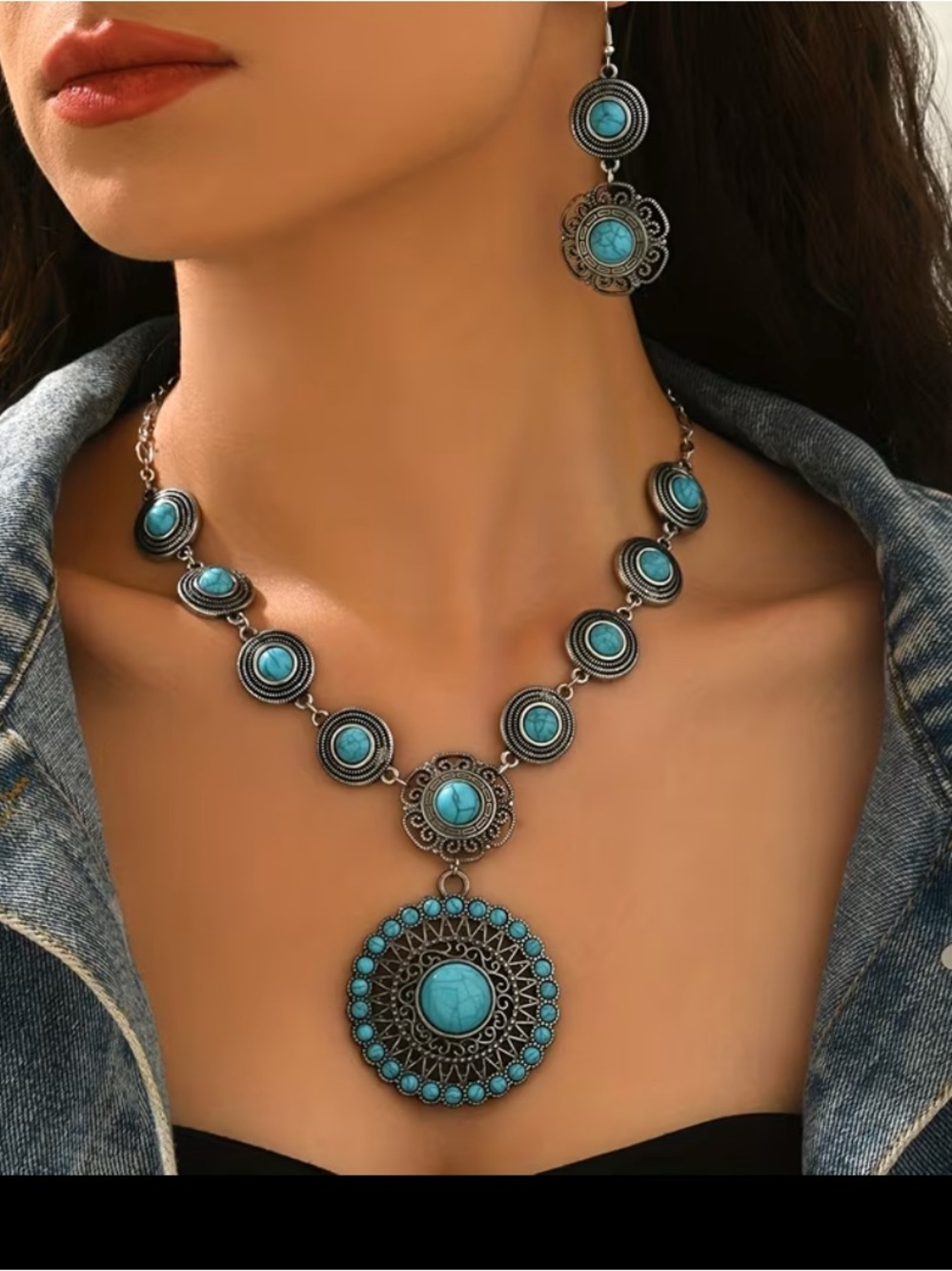 WESTERN Faux Turquoise Silver-Tone Bohemian Pendant Necklace & Earrings Set